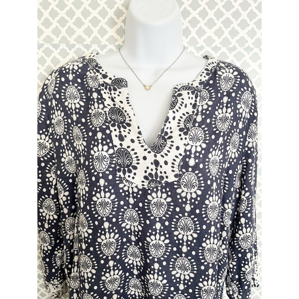 Sigrid Olsen Linen Tunic Blouse Navy White Boho Coastal L - Picture 5 of 8